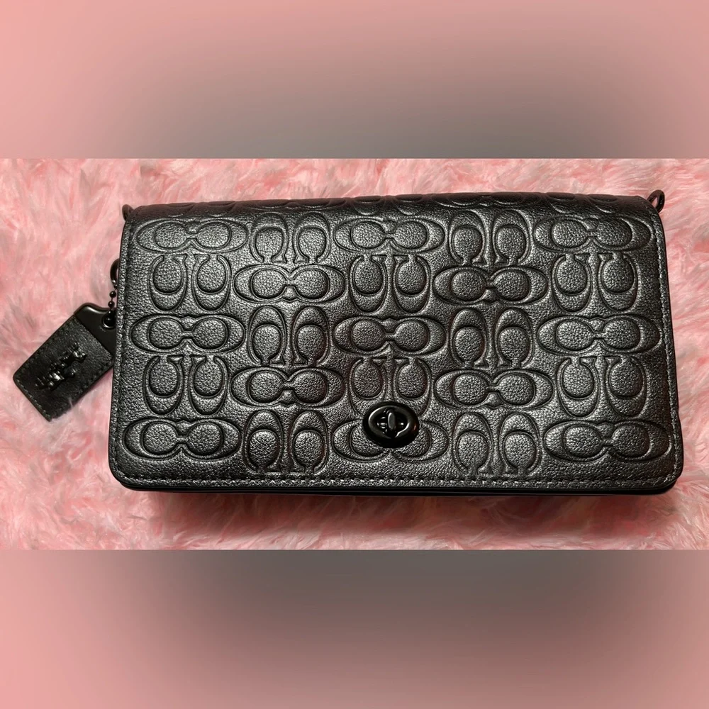 COACH SIGNATURE LEATHER DINKY - METALLIC GRAPHITE - Picture 2 of 11